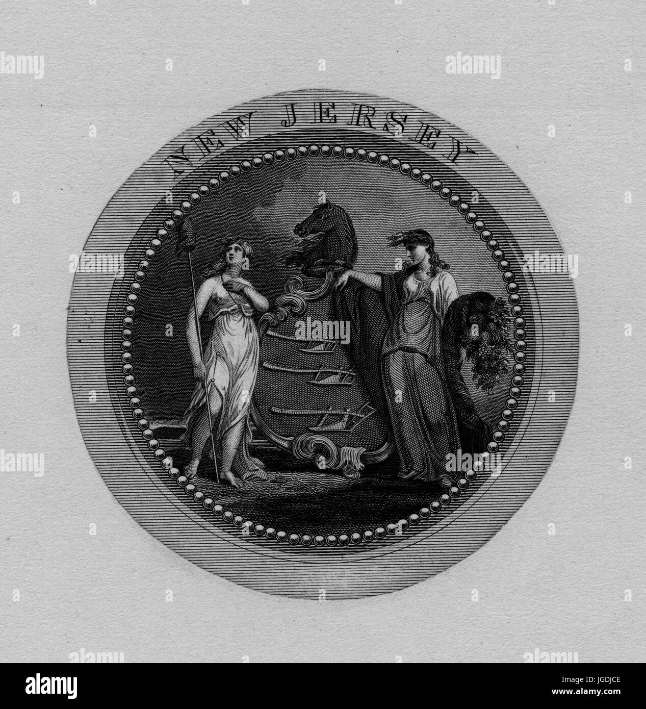 Gravur des großen Siegels von New Jersey, 1849. Von der New York Public Library. Stockfoto