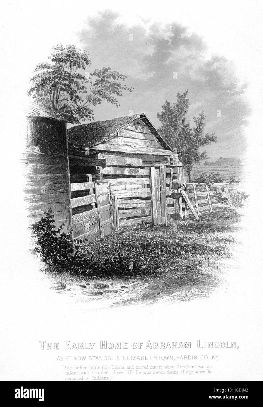 Kupferstich von der Außenseite der Kindheit Zuhause von Abraham Lincoln, 16. Präsident der Vereinigten Staaten, in Elizabethtown, Kentucky, 1834. Von der New York Public Library. Stockfoto