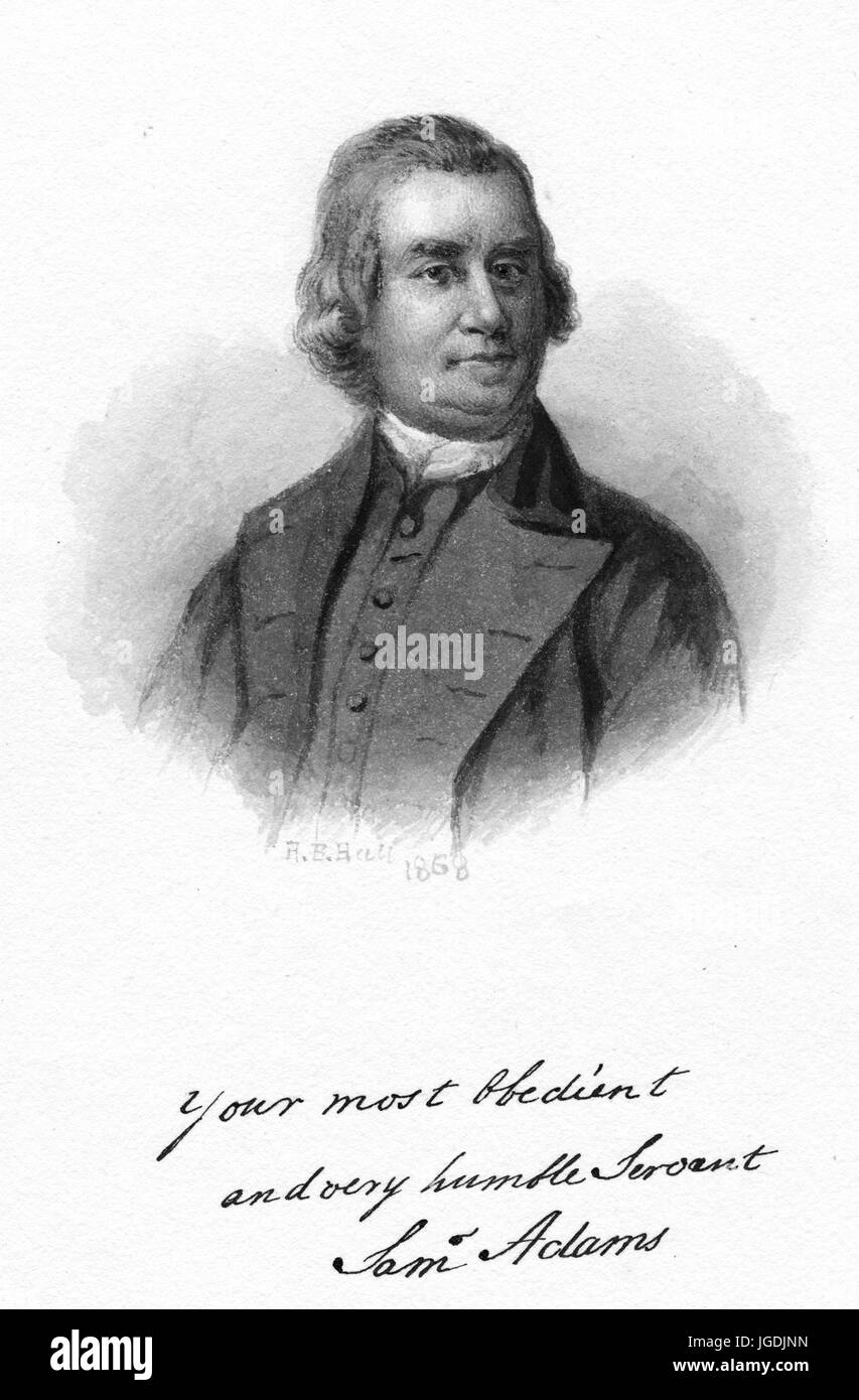 Gravierte Porträt von Samuel Adams, diente ein Gründervater der Vereinigten Staaten, dessen Führung die Ereignisse bis zu der amerikanischen Revolution und später geprägt, als der Gouverneur von Massachusetts, 1868. Von der New York Public Library. Stockfoto