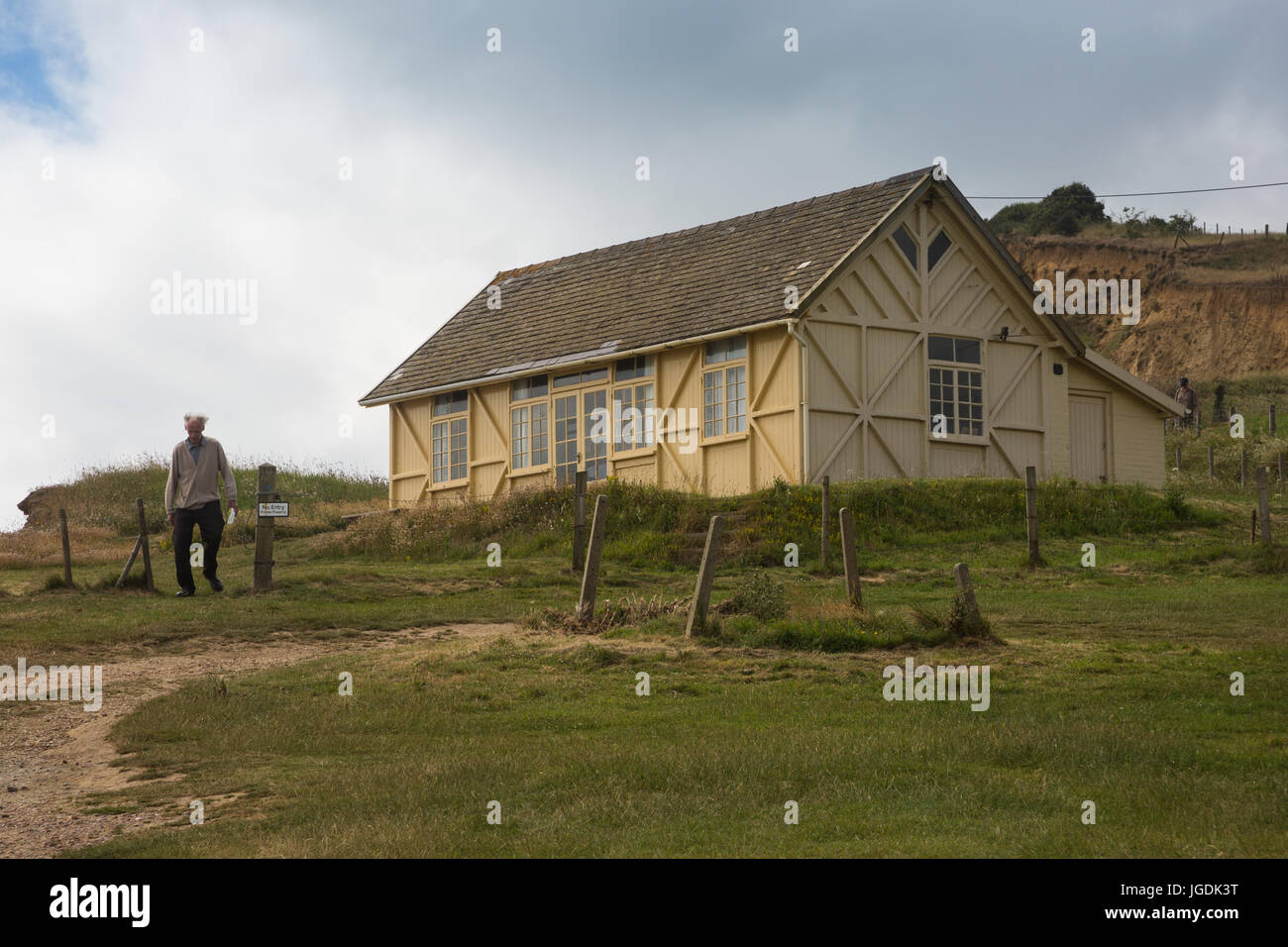 Briar Klippe Chalet/Hütte auf einer Klippe unten Thorncombe Rundumleuchte auf jurrasic Küste oben Eype Strand, Symmondsbury, in der Nähe von Bridport, Dorset, Großbritannien Stockfoto