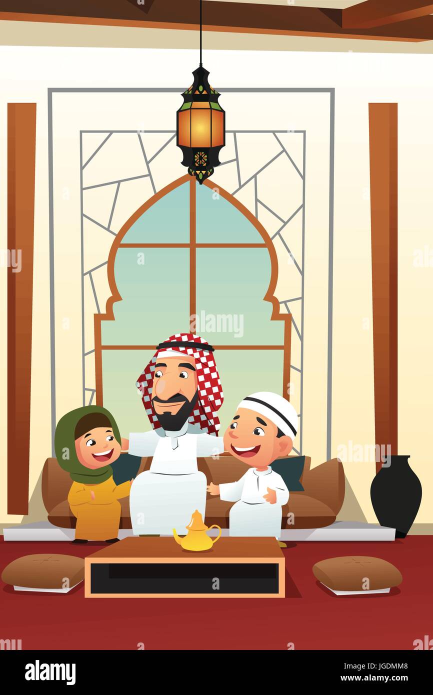 Eine Vektor-Illustration von muslimischen arabischen Mann mit seinen Kindern Stock Vektor