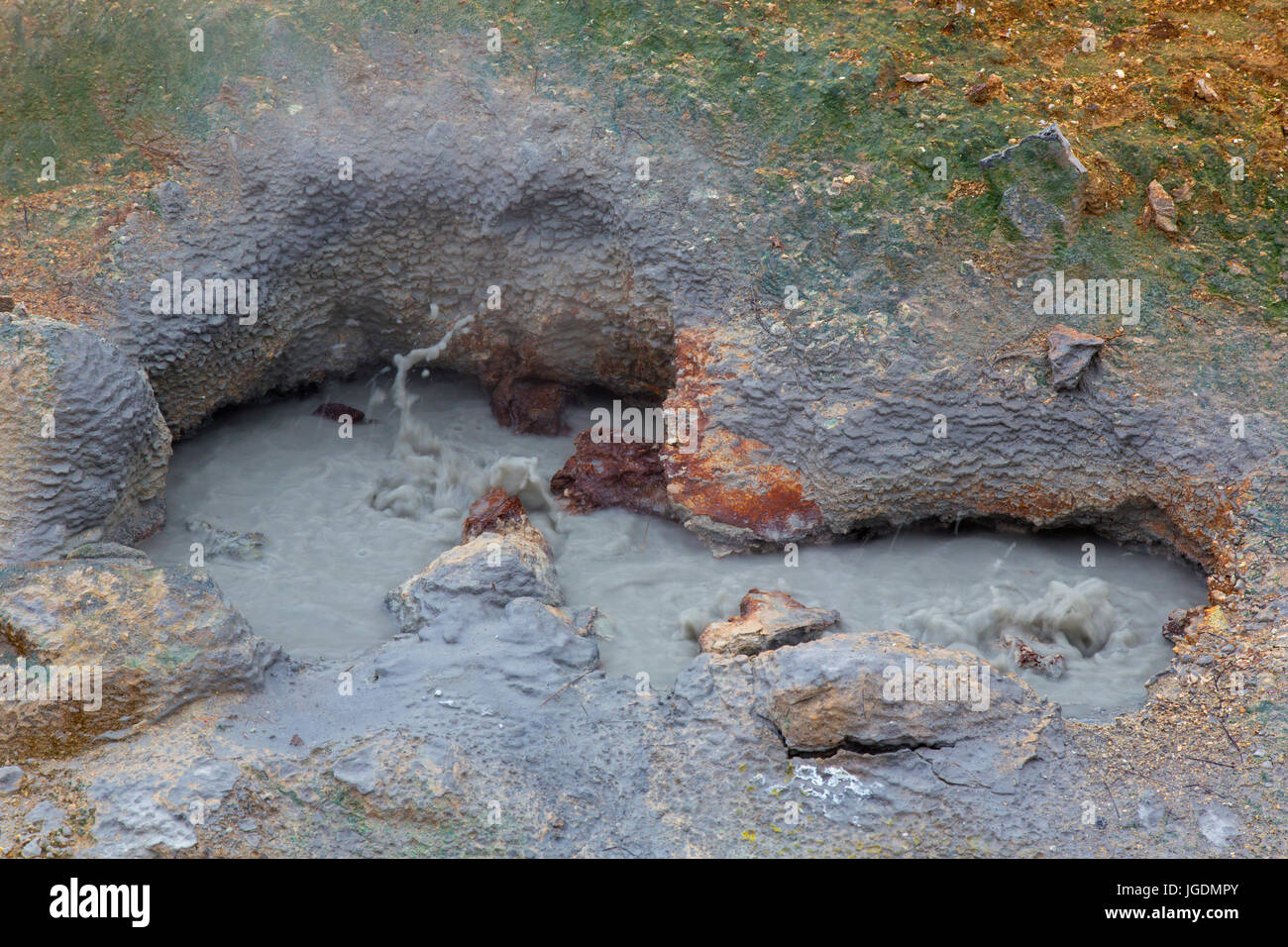 Blubbernden Schlamm in Mudpot / Schlamm-Pool bei Seltun, geothermischen Feld mit vulkanischen Fumarolen, Schlammlöcher und heiße Quellen, Halbinsel Reykjanes, Island Stockfoto