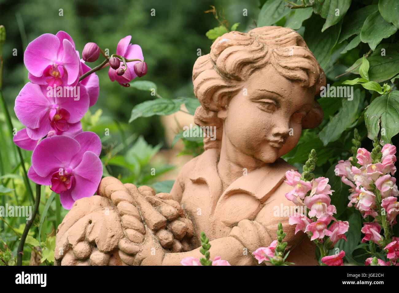 Garten-Figur mit kleinen Löwen Mund und Orchidee, Gartenfigur Mit Loewenmaeulchen Und Orchidee Stockfoto