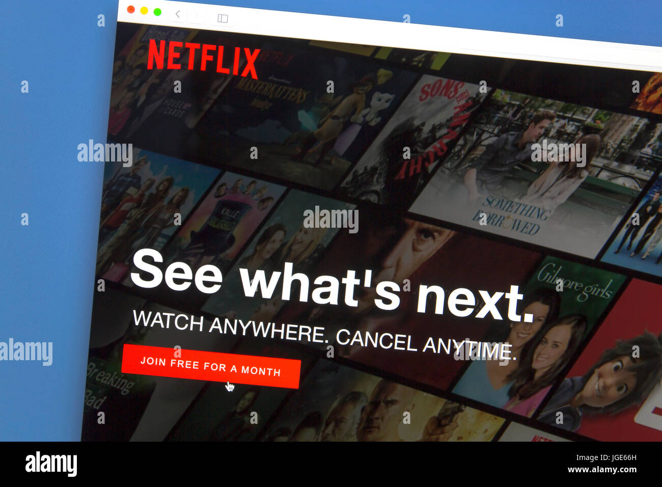 Netflix-Website auf einem Computer-Bildschirm. Netflix ist eine amerikanische multinationale Unterhaltungsfirma Stockfoto