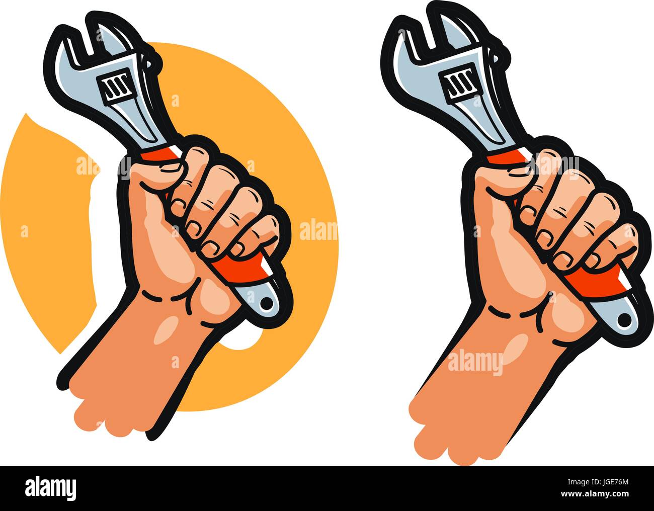 Schraubenschlüssel, Werkzeug oder in der hand. Reparatur, Service, Wartung, Support-Symbol oder Logo. Cartoon-Vektor-illustration Stock Vektor
