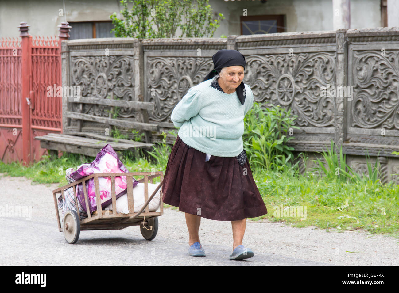 Eine alte Frau trägt Objekte mit dem Wagen auf einer Straße in der Region Maramures, Rumänien Stockfoto