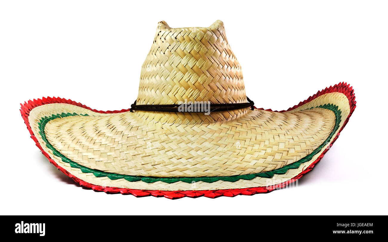 Mexikanischer Strohhut Sombrero auf weißem Hintergrund. Stockfoto
