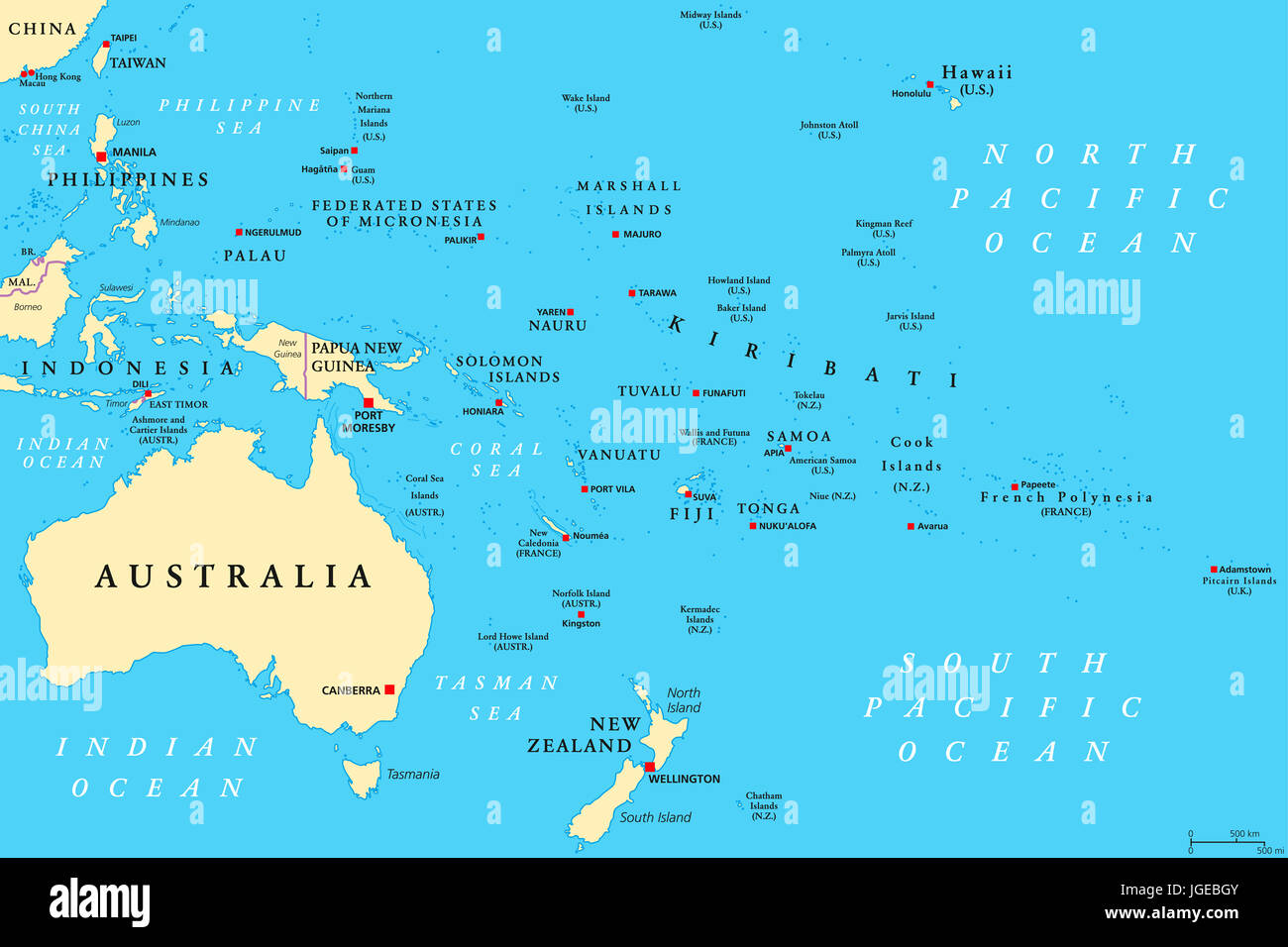 Oceania politische Karte. Region, zentriert auf zentralen Pazifik-Inseln. Melanesien, Mikronesien und Polynesien, einschließlich Australasien. Stockfoto