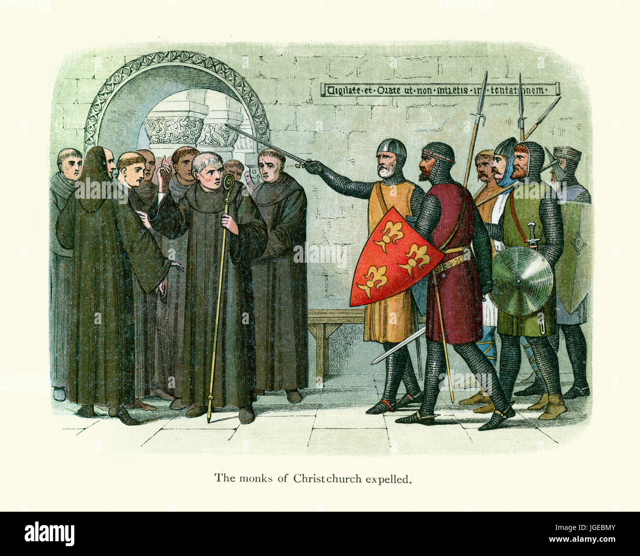 Die Mönche von Christchurch im Jahre 1207 vertrieben. Fulk de Cantelupe und Henry de Cornhill vertreiben die Mönche von Canterbury Kathedrale mit gezogenen Schwertern auf der o Stockfoto