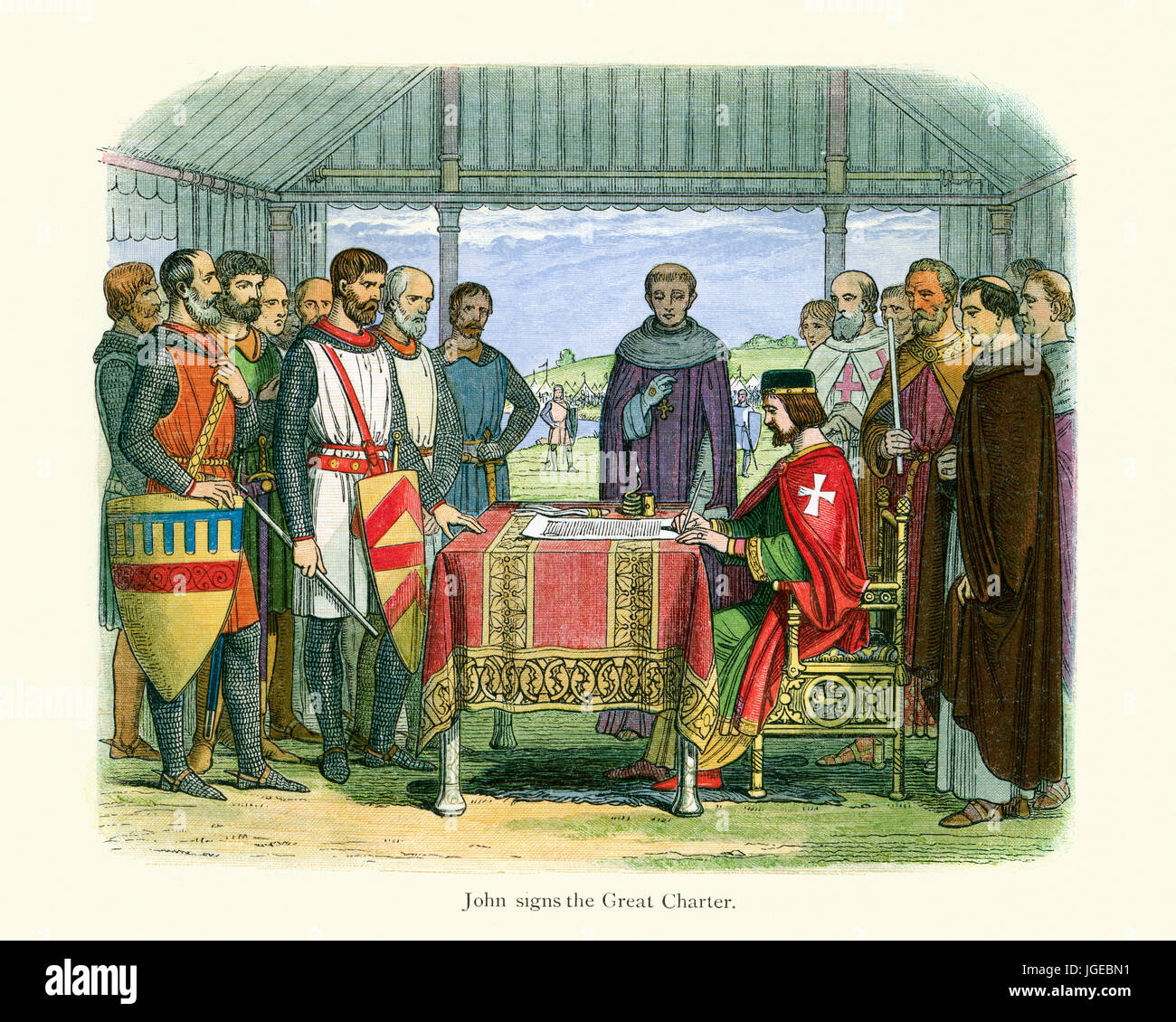 König Johann Unterzeichnung der Magna Carta 1215. Die Charta König John von England bestimmte Freiheiten zu verkünden, und akzeptieren, dass sein Wille war es nicht erforderlich ein Stockfoto