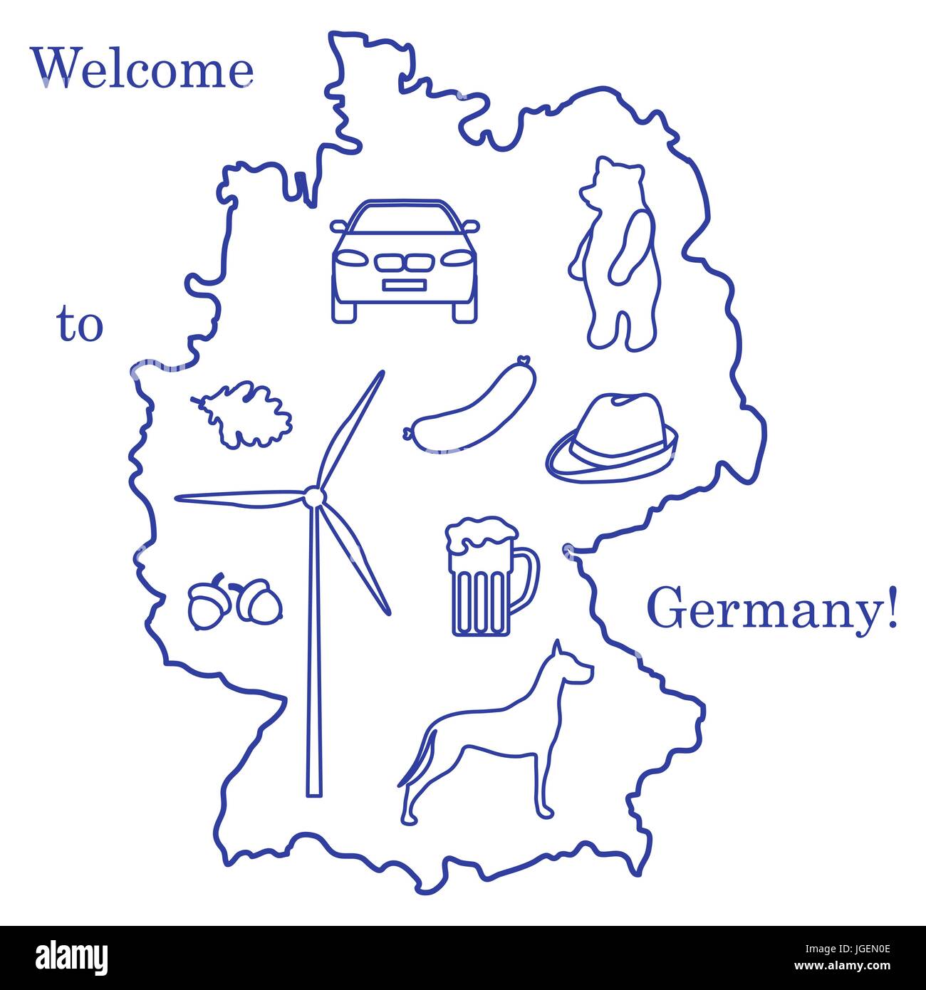 Vector Illustration mit verschiedenen Symbolen in Deutschland. Reisen und Freizeit. Design für Banner, Poster oder Drucken. Stock Vektor