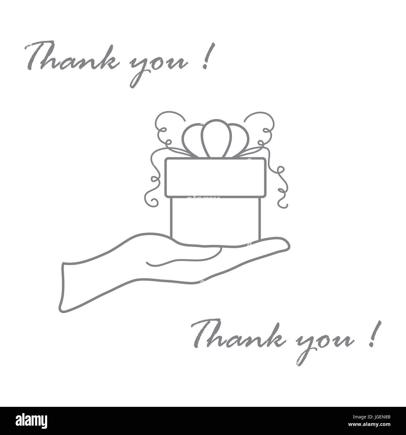 Niedliche Bild mit Hand, ein Geschenk und eine Inschrift: Ich danke Ihnen auf einem weißen Hintergrund. In Linienstil gemacht. Stock Vektor