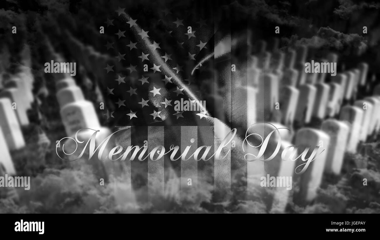 Memorial Day Vereinigte Staaten von Amerika. Amerikanische Flagge mit Friedhof und Grabsteine im Hintergrund 3D illustration Stockfoto