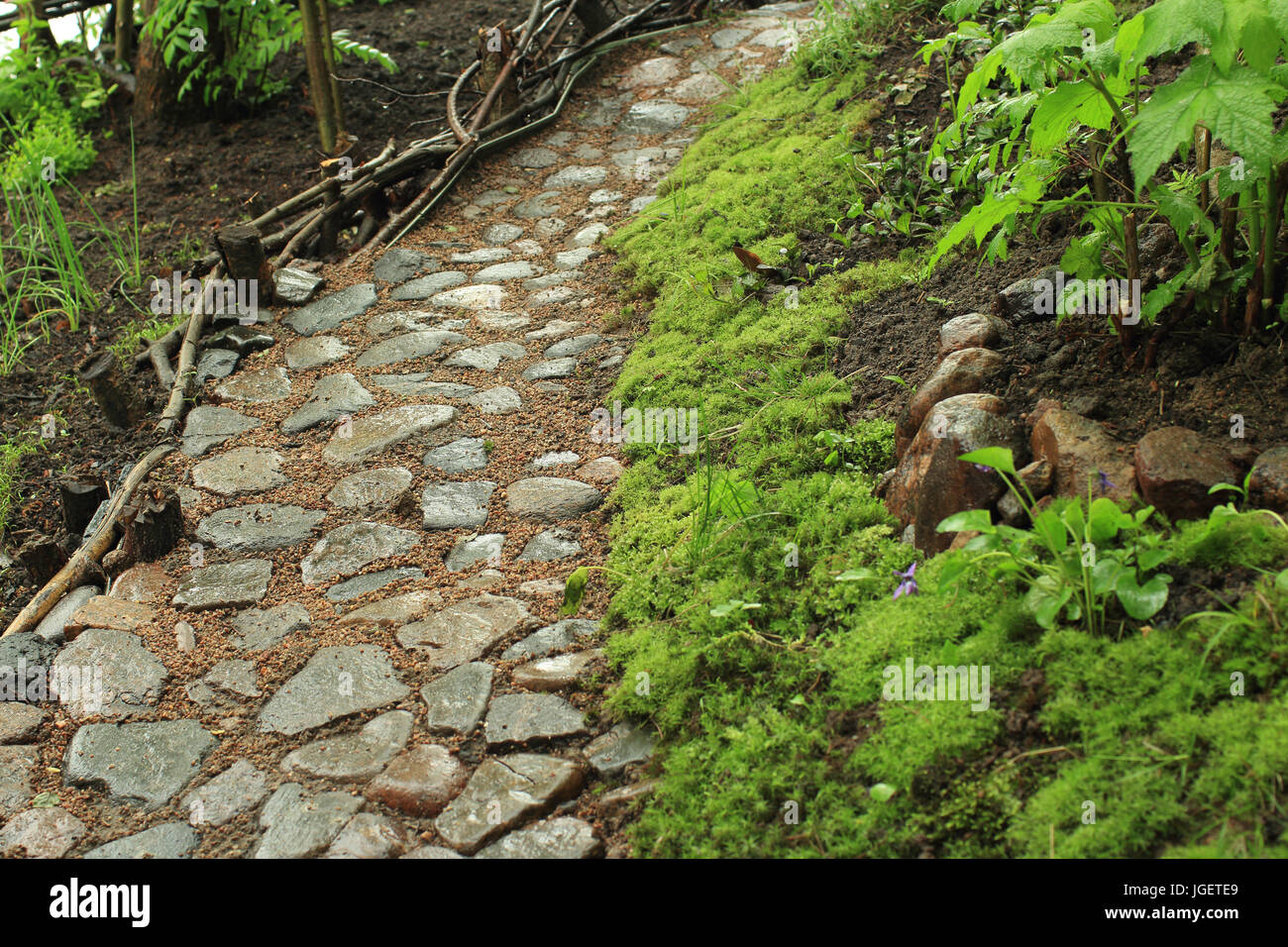 Alten gepflasterten Fußweg im Garten Stockfoto