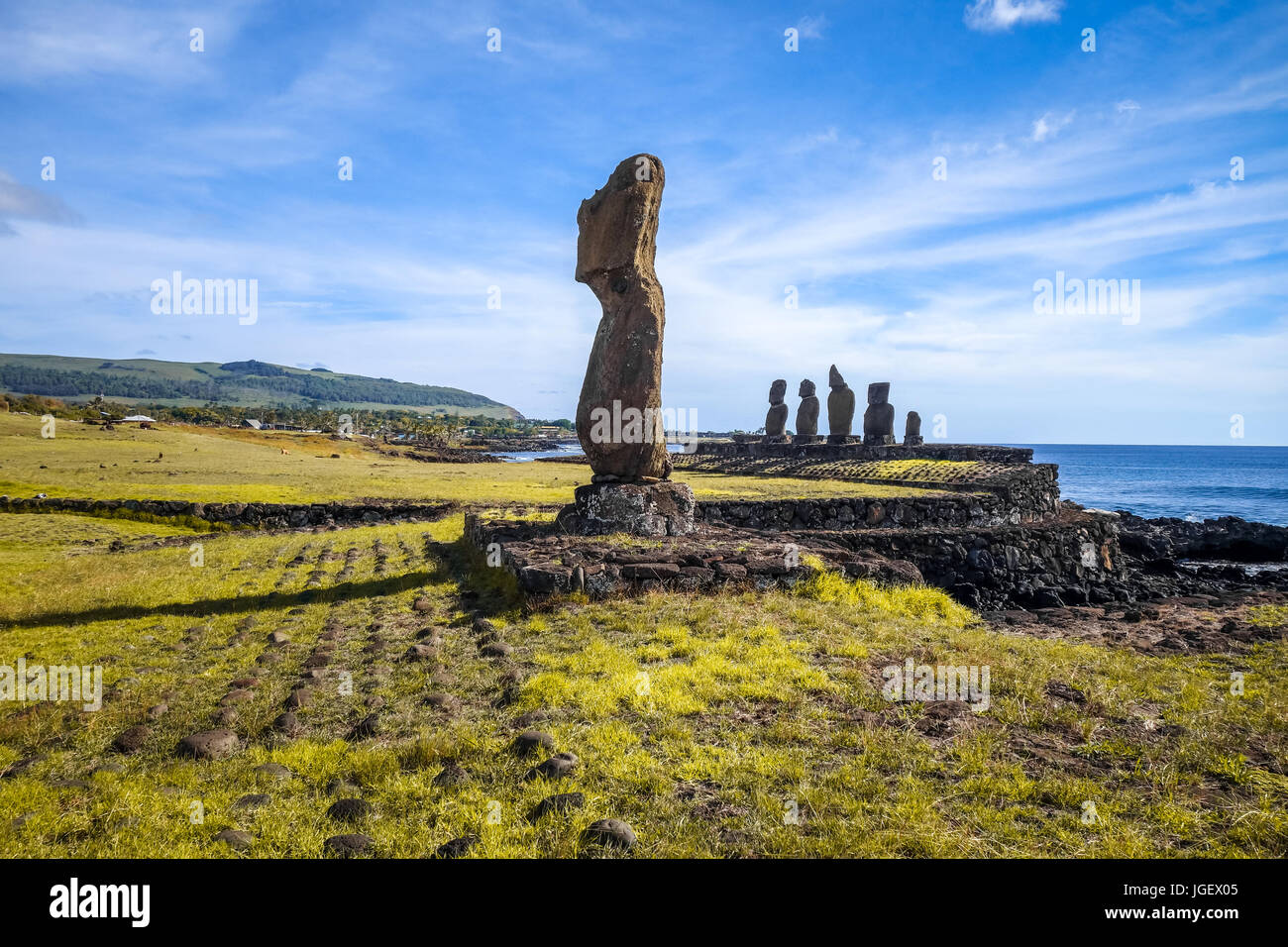 Moais Statuen, Ahu Tahai, Osterinsel, Chile Stockfoto