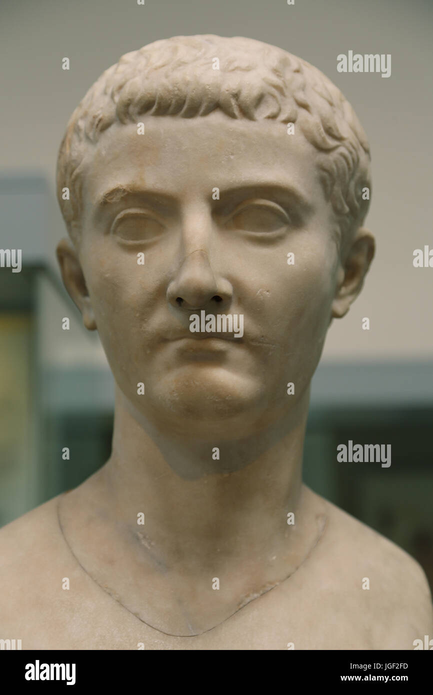 Marmorkopf des 2. Roman Emperor, Tiberius (4-14 n. Chr.). British Museum. London. Stockfoto