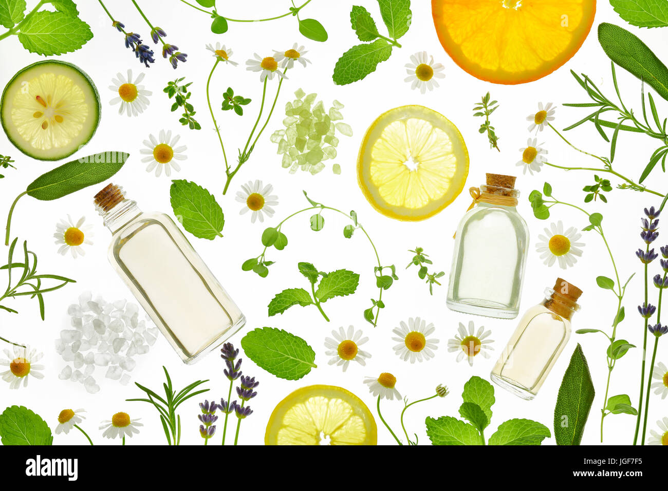 Frische Kräuter, Obst und ätherisches Öl auf weißem Hintergrund Stockfoto
