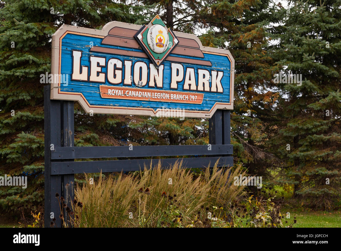 Ein Zeichen für die Legion Park oder Legion Memorial Park in Cornwall, Ontario, Kanada. Stockfoto