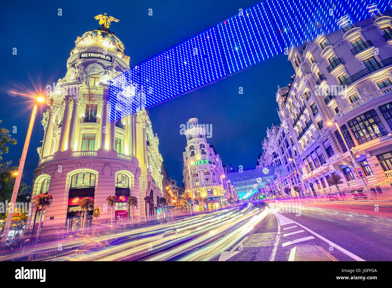 Grassy building and Gran Via street at Christmastime. Madrid. Spain. Stockfoto