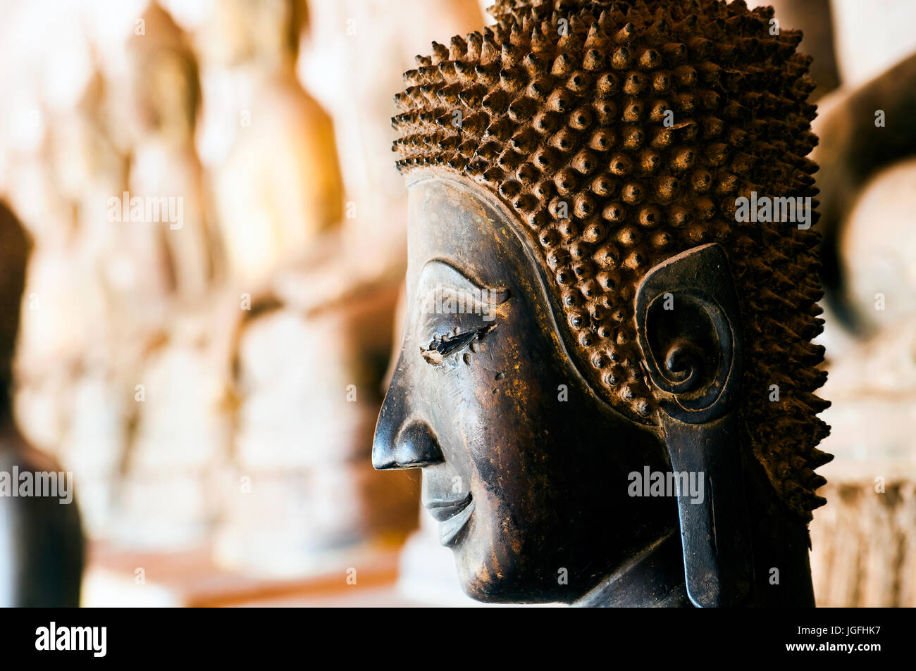 Gesicht, Bronze Buiddha Detailbild, Wat Si Saket, Vientiane, Laos Stockfoto