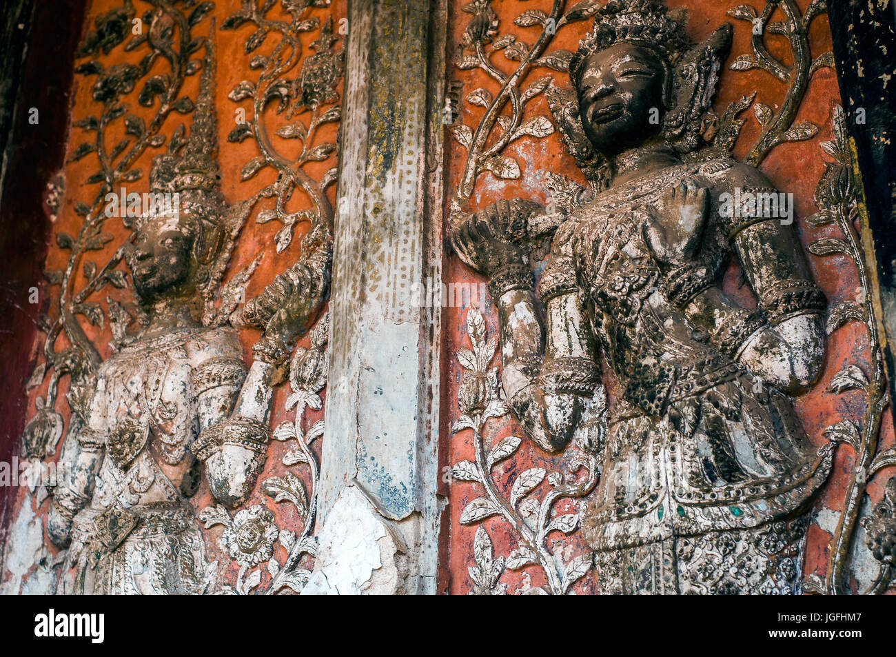 Geschnitzte Türen, Wat Si Saket, Vientiane, Laos Stockfoto