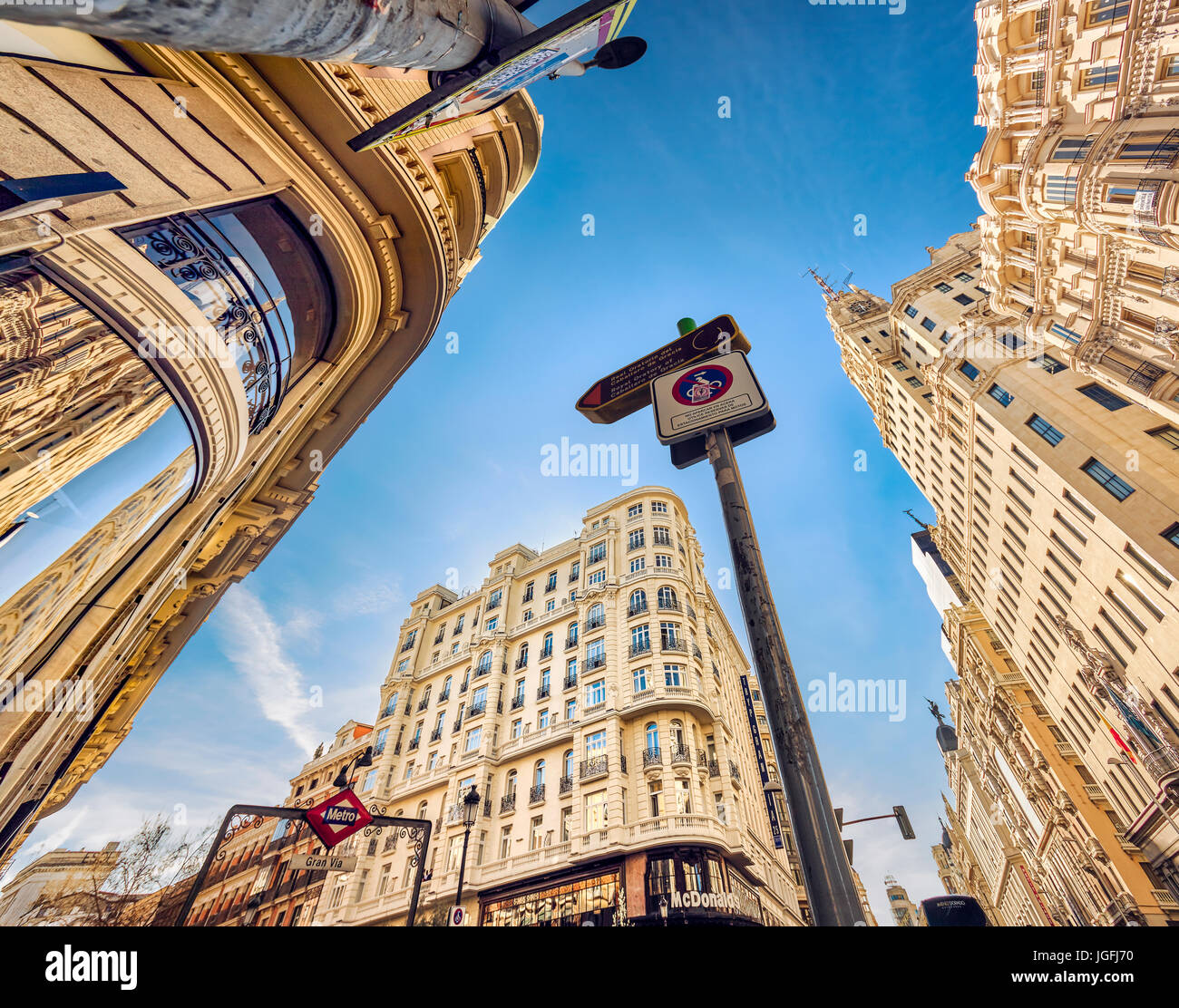 View of Gran V’a Street from below. Madrid. Spain Stockfoto