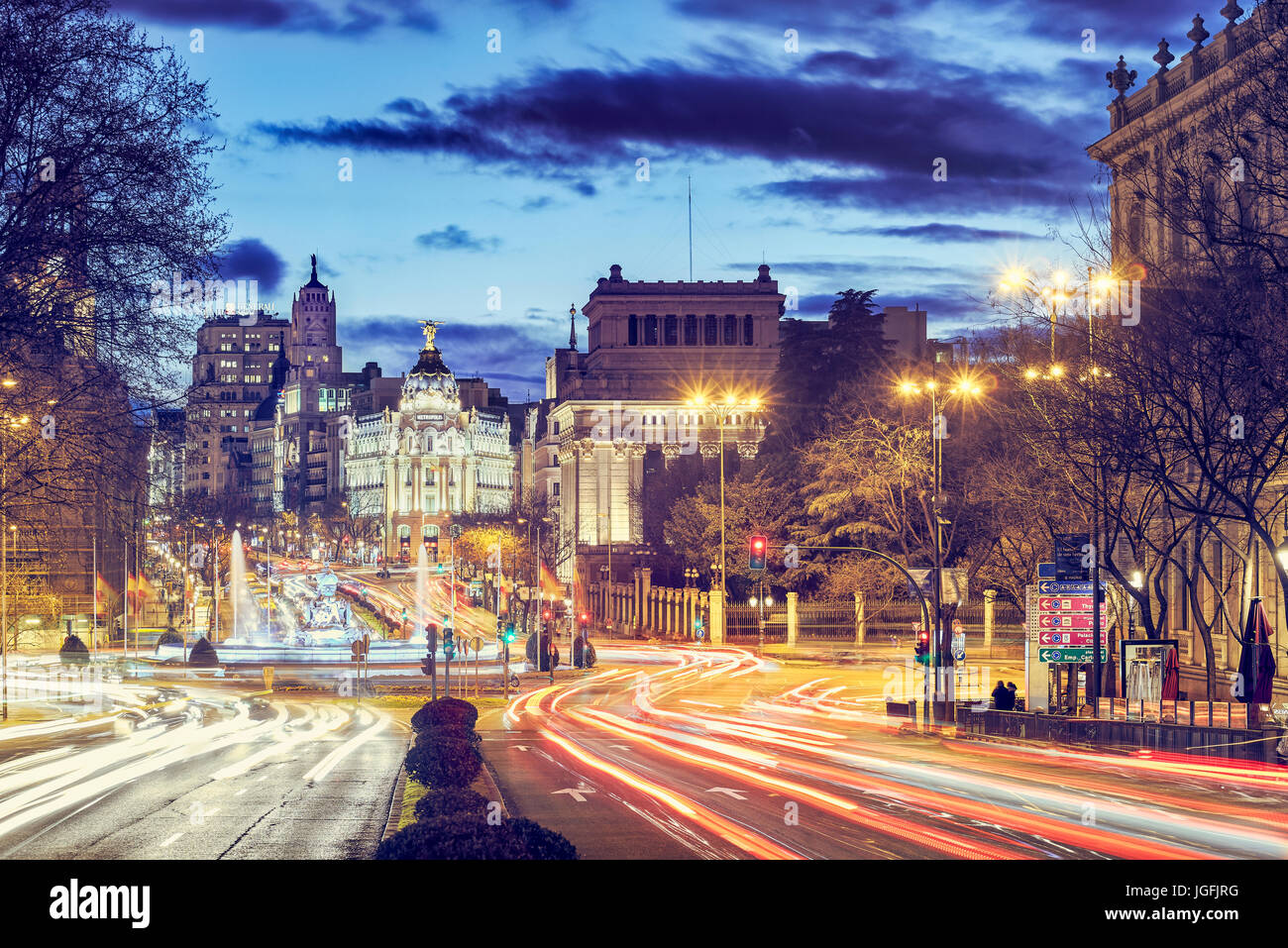 Calle de Alcala and Cibeles Fountain by sunset. Madrid, Spain Stockfoto