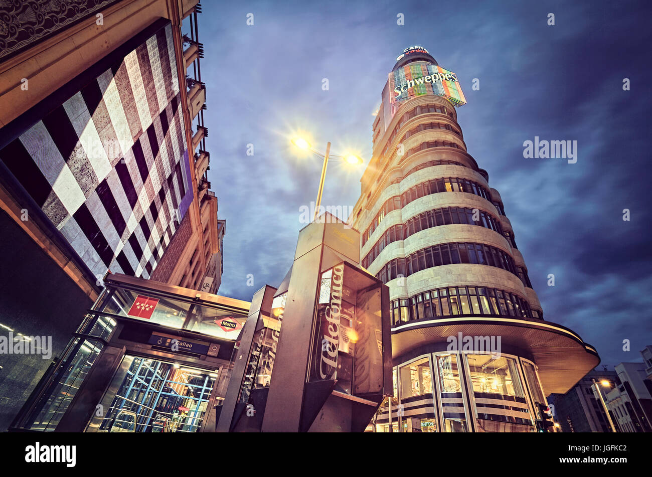 Low angle view of Carrion building at Callao square. Madrid. Spain. Stockfoto