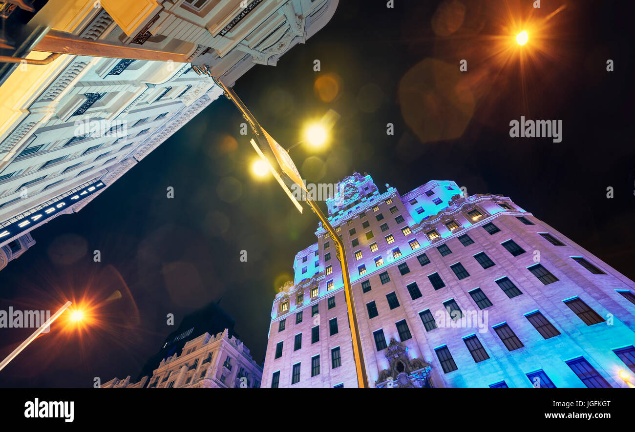 Low angle view of Telefonica building at Gran Via Street. Madrid. Spain. Stockfoto
