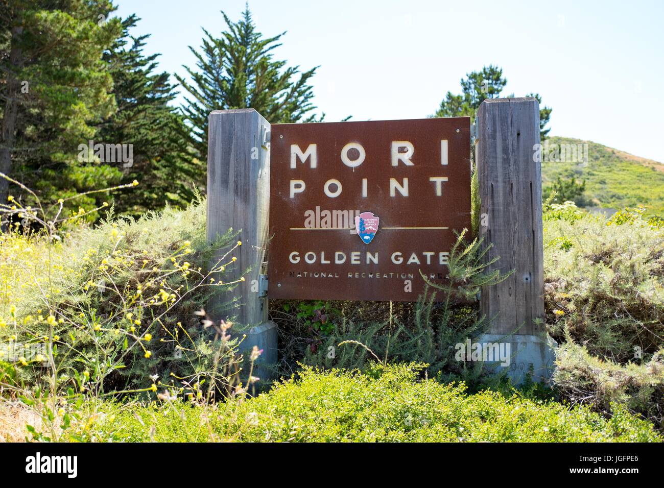 Beschilderung an Mori Punkt, Teil der Golden Gate National Recreation Area in Pacifica, Kalifornien, 20. Juni 2017. Stockfoto