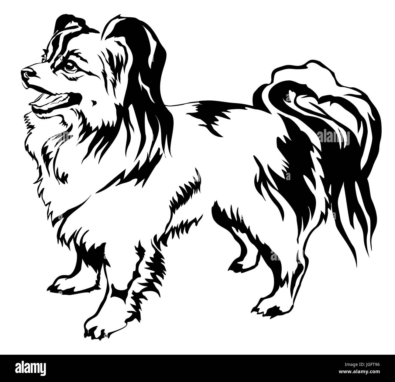 Dekoratives Porträt von stehend im Profil Hund Papillon, isoliert Vektorgrafik in schwarzer Farbe auf weißem Hintergrund Stock Vektor