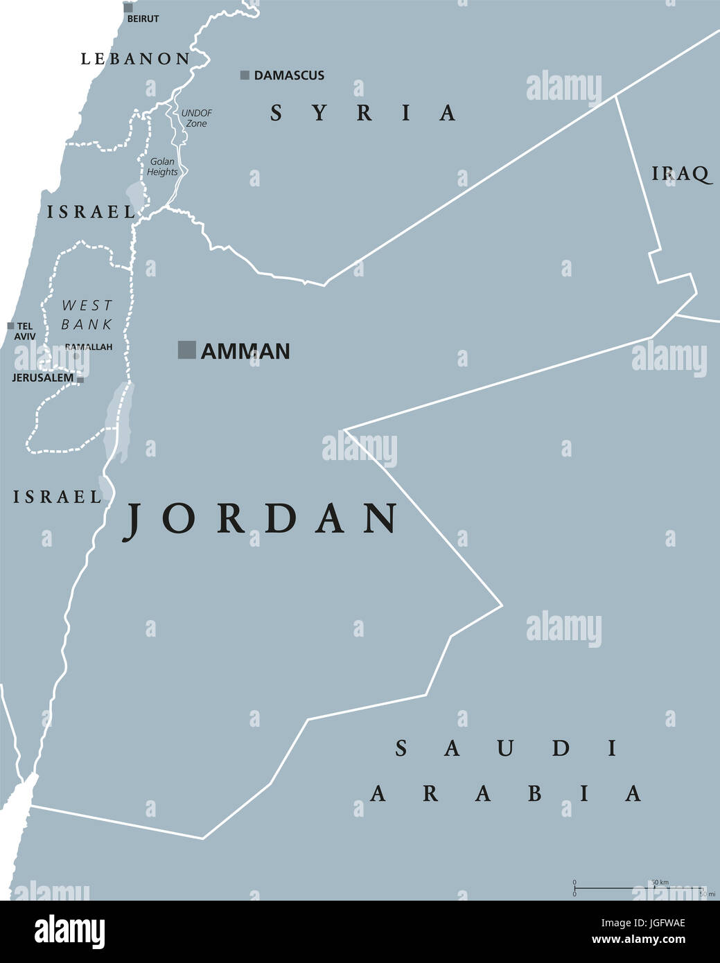 Jordan politische Karte mit Hauptstadt Amman. Haschemitischen Königreich Jordanien, einem arabischen Land im Nahen Osten und westlichen Asien. Graue Abbildung. Stockfoto