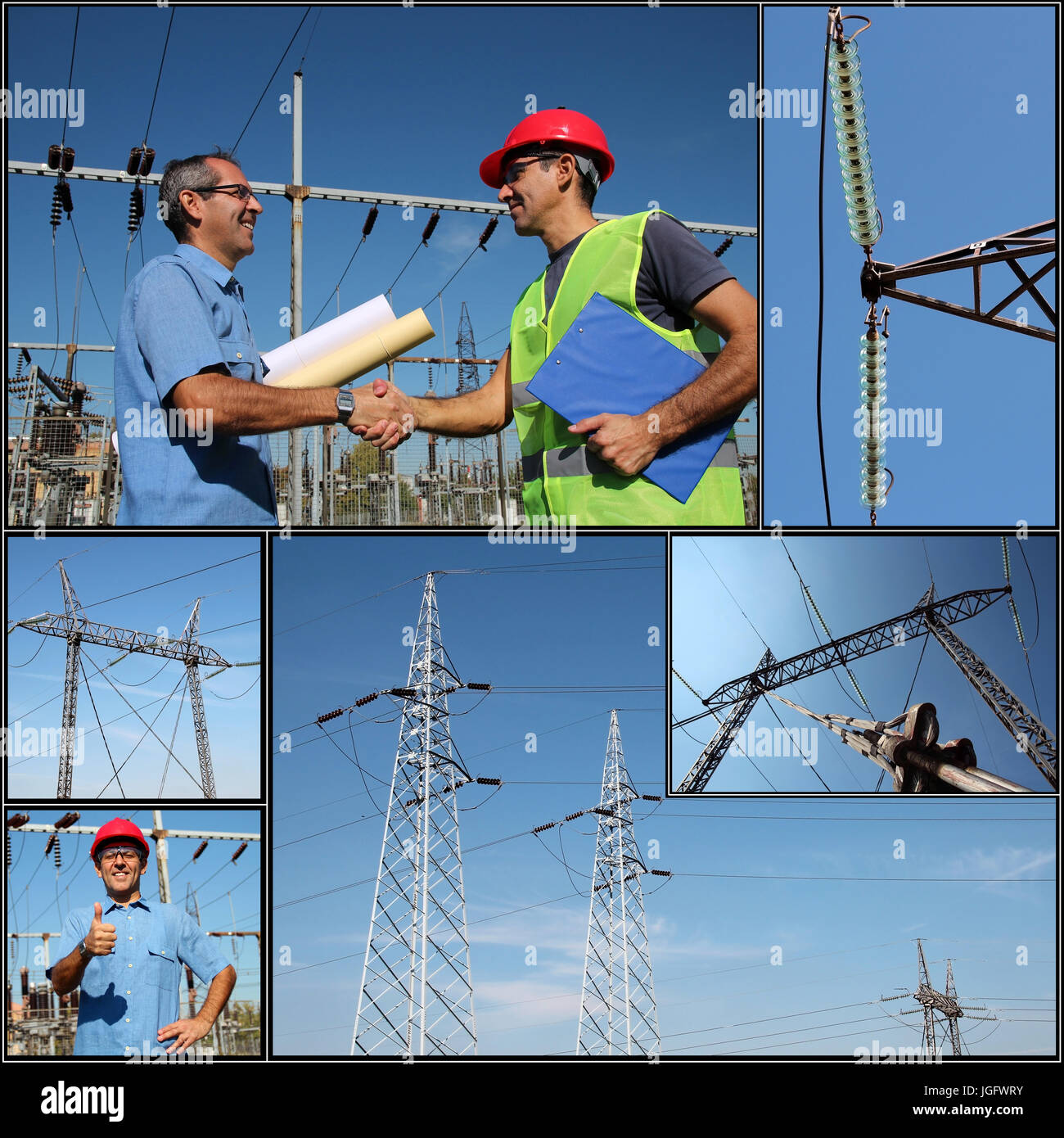 Collage aus Fotos, auf denen Elektrizitätsgesellschaft Arbeiter an das Umspannwerk mit Stromverteilersystemen. Stockfoto