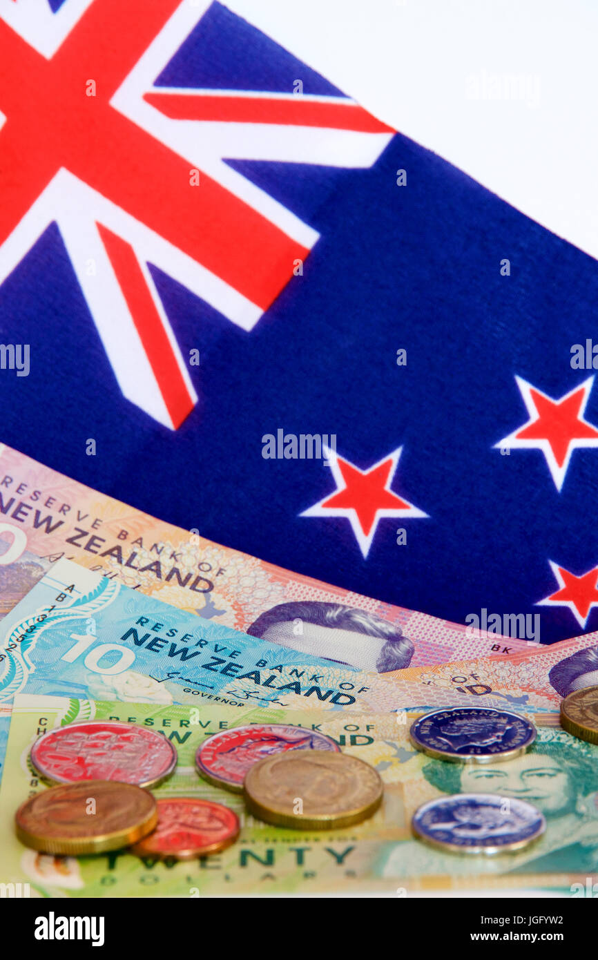 Neuseeland Geld und Flagge. Stockfoto