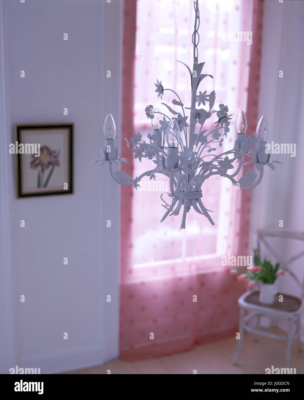 Weiß kronleuchter vor Rosa voile Vorhang für Fenster in White Room Stockfoto