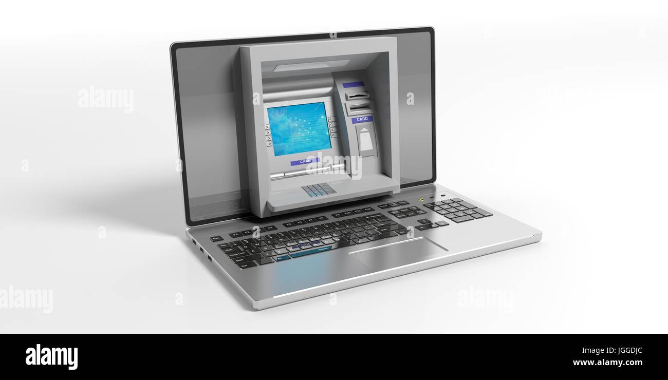 Online-Geld-Konzept. ATM-Maschine auf einem Laptop Bildschirm - weißen Hintergrund. 3D illustration Stockfoto