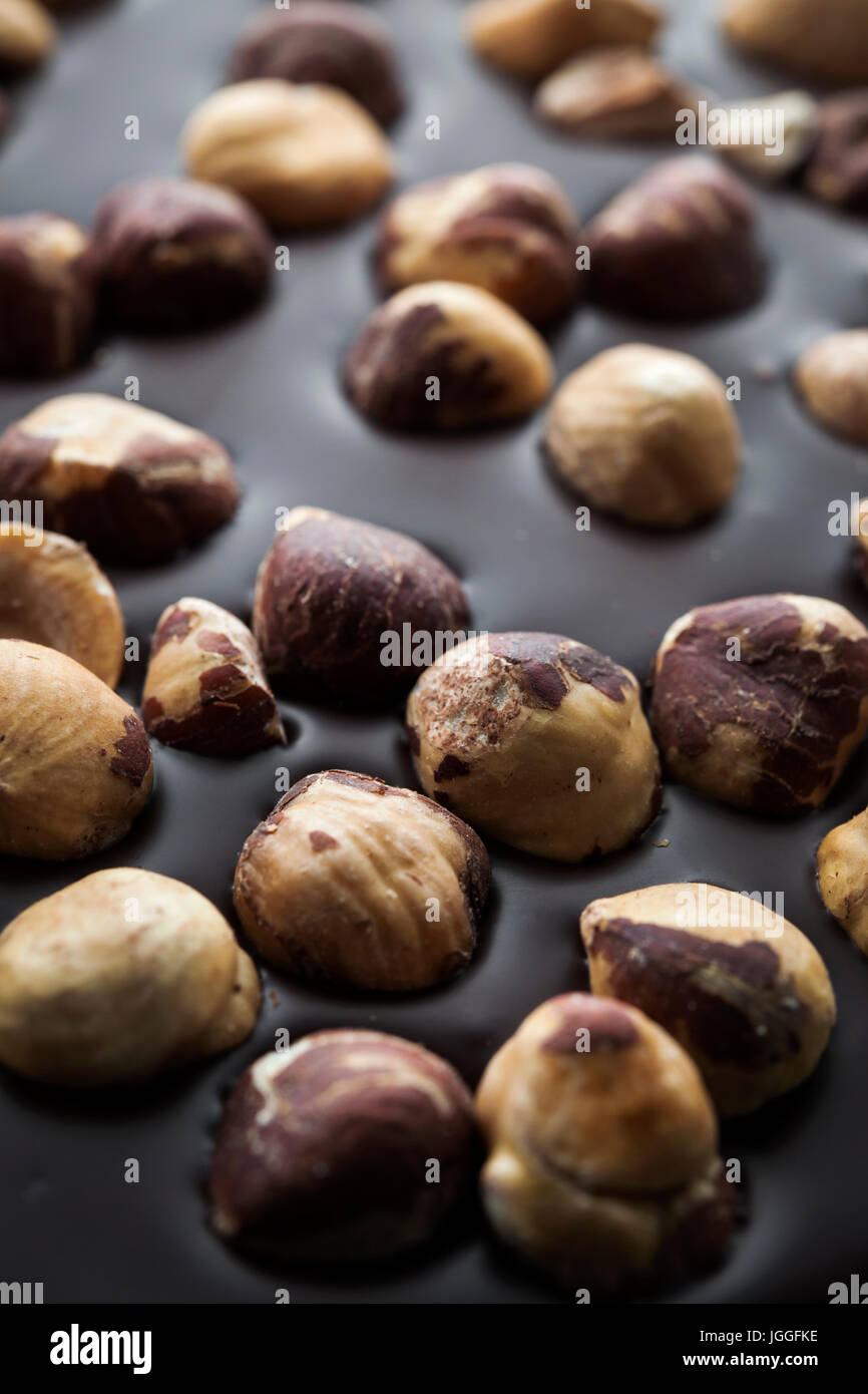 Handwerklichen dunkle Schokolade mit ganzen Haselnüssen, Makro Nahaufnahme. Stockfoto