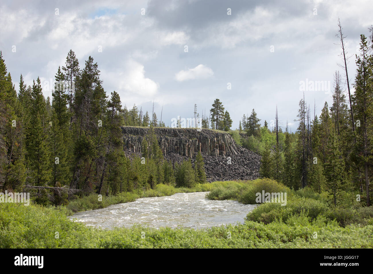 Sheepeater Cliff und Gardner River aus Sheepeater Cliff Picknick Bereich im Yellowstone National Park anzeigen Stockfoto