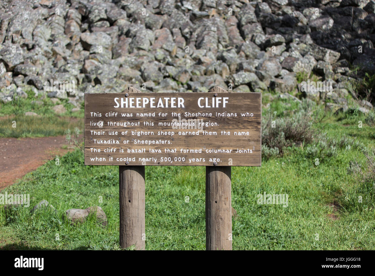 Schild am Sheepeater Klippe im Yellowstone National Park Stockfoto