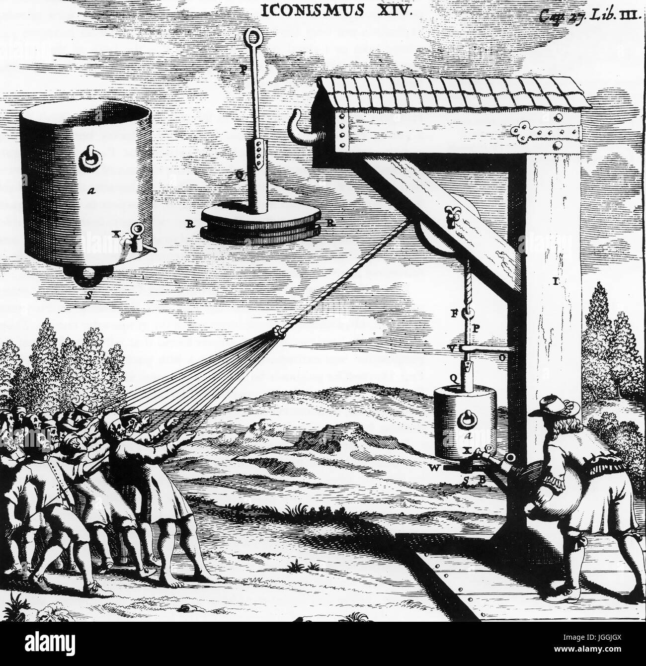 OTTO von GUERICKE (1602-1668), deutscher Wissenschaftler und Politiker. Experimentieren Sie mit einem Kolben Stockfoto