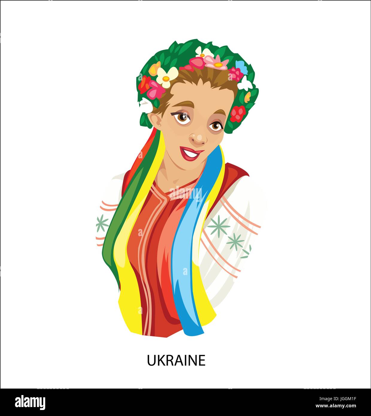 Digitale Vektor lustige Cartoon lächelnde Ukraine Frau in Tracht, Blumen im Haar, abstrakte flachen Stil Stock Vektor