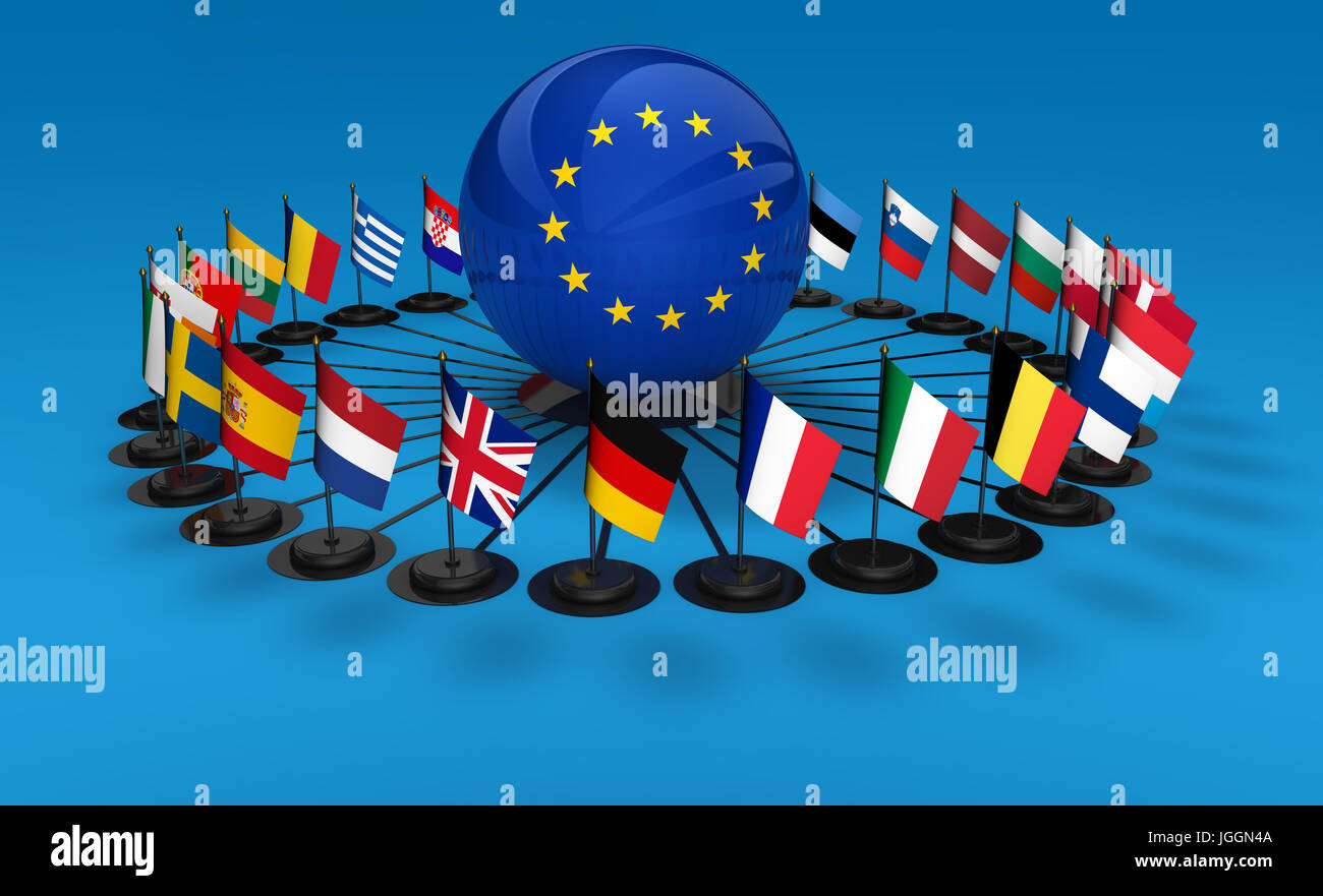 Europäische Union und internationale Geschäftsbeziehungen in Europa-Konzept mit EU Länder Flaggen 3D Illustration. Stockfoto