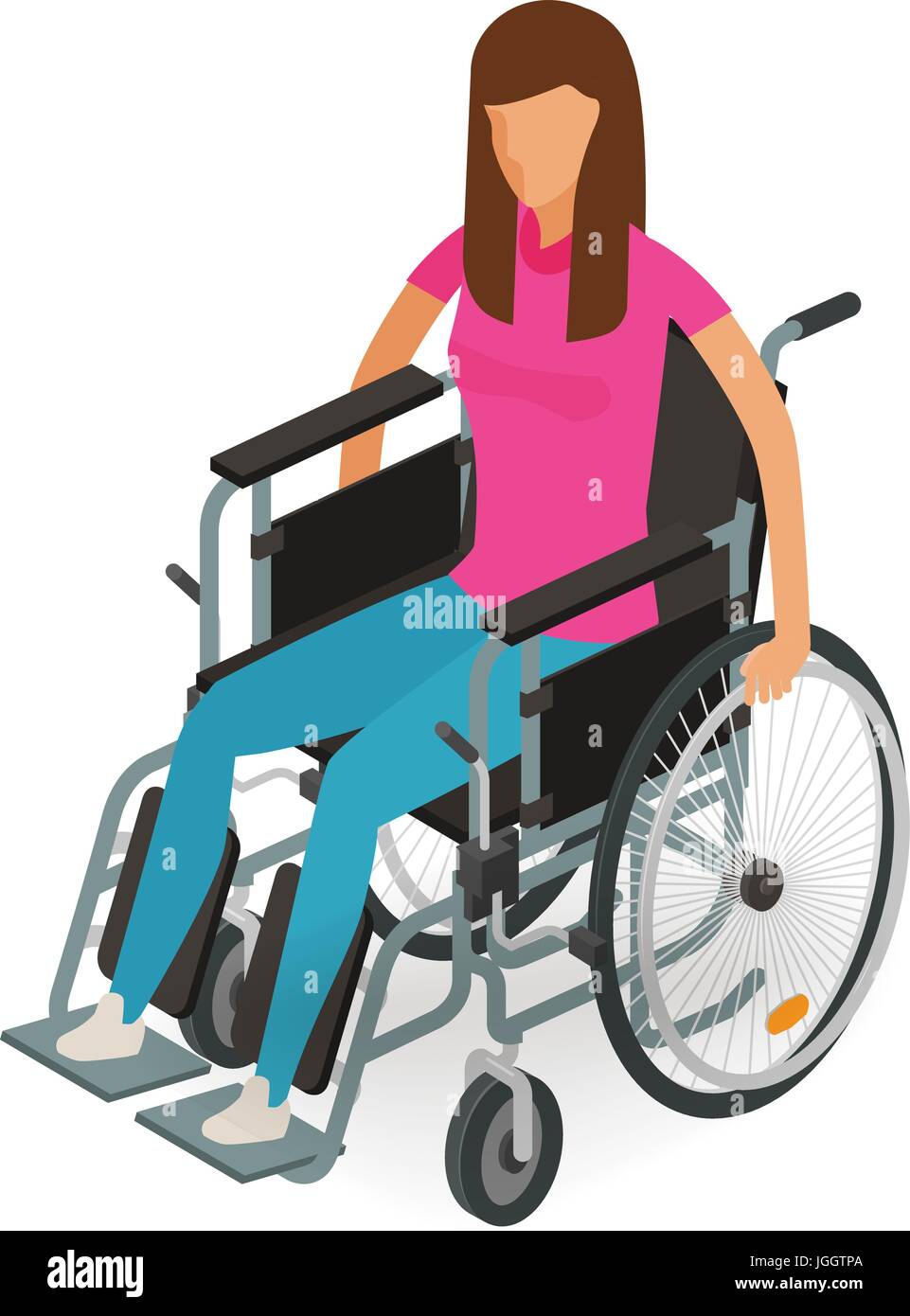 Mädchen, Frau, die im Rollstuhl sitzen. Ungültig, Behinderte, Krüppel Icon oder Symbol. Cartoon-Vektor-Illustration isoliert auf weißem Hintergrund Stock Vektor