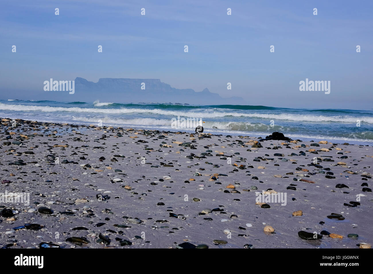 Cape Town, Südafrika.  Smog deckt den Unterlauf des Table Mountain, eines der sieben Weltwunder der Natur. Muschelschalen Müll am Strand. Stockfoto