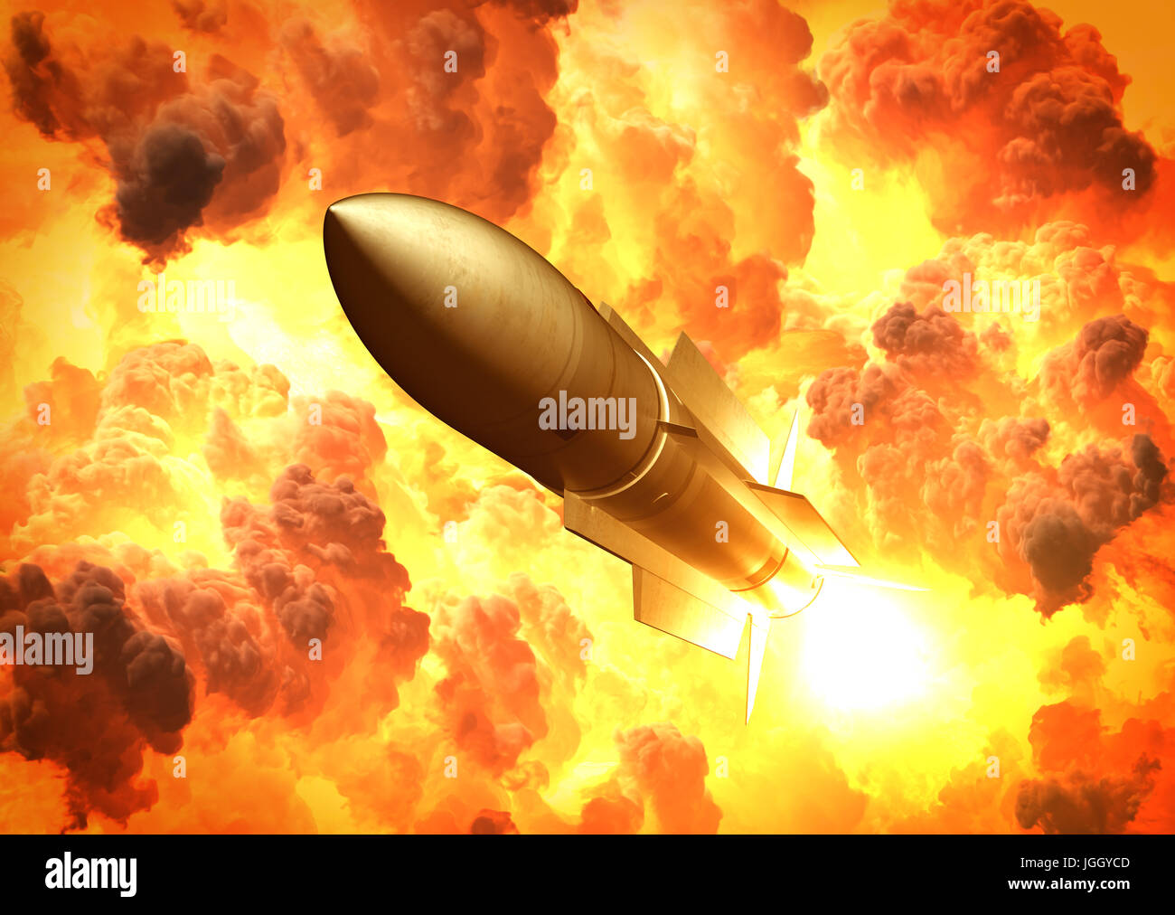 Raketenstart In den Wolken des Feuers Stockfoto