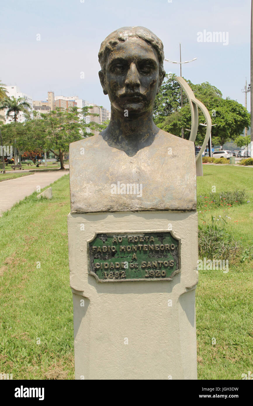 Büste, Statue, Fabio Montenegro, Dichter, 2014, Küste, Santos, São Paulo, Brasilien. Stockfoto