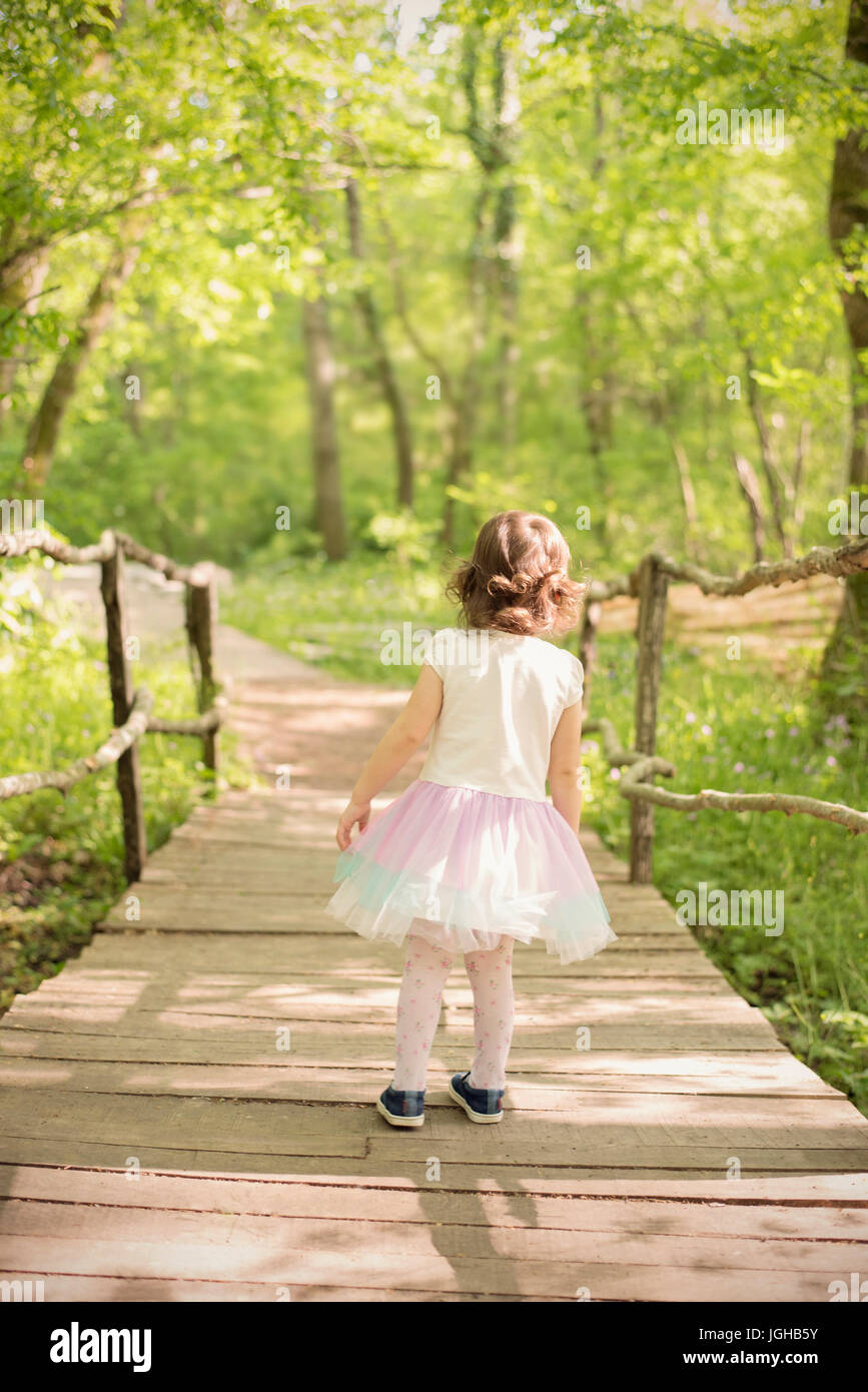 Ein kleines Mädchen auf der Rückseite mit einem Tutu Kleid auf einer Holzbrücke in einem Wald. Holzsteg im grünen Wald in der Nähe der Ropotamo-Fluss, Bulgarien Stockfoto