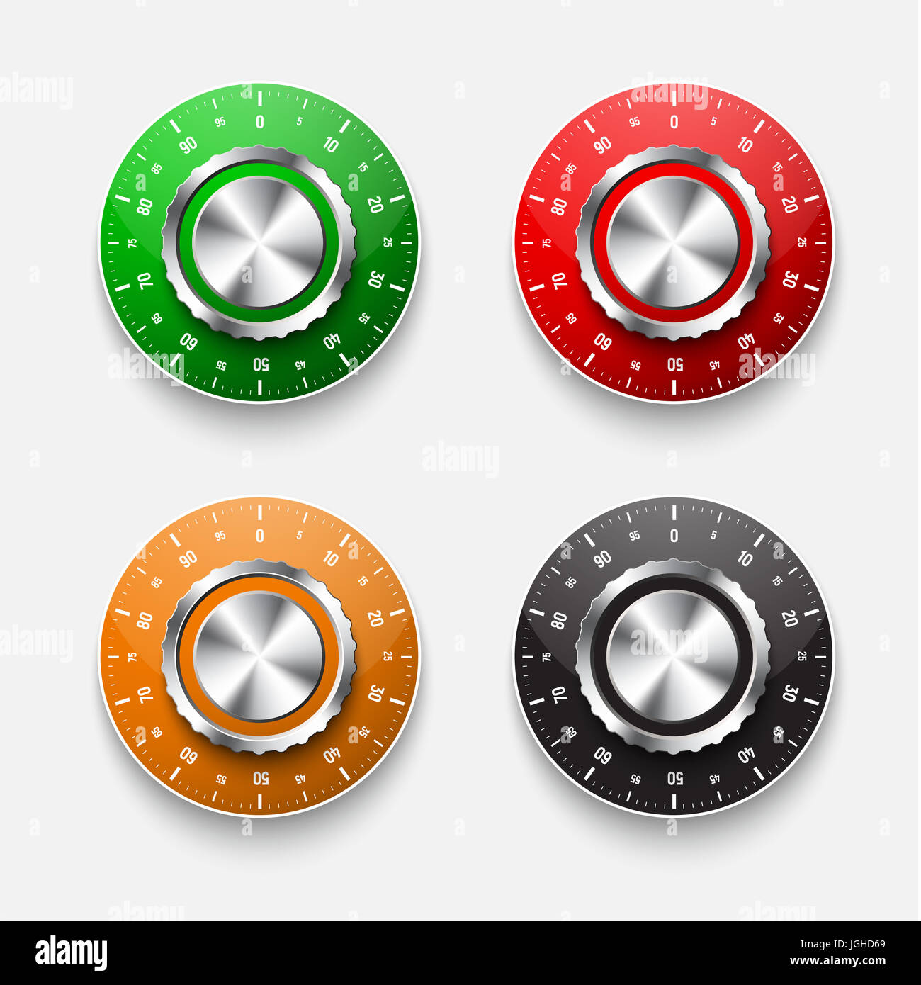 Satz von mechanischen Tresorschlösser mit einem roten, schwarzen, grünen und gelben runden Zifferblatt. Realistische Symbole. Vektor-illustration Stockfoto