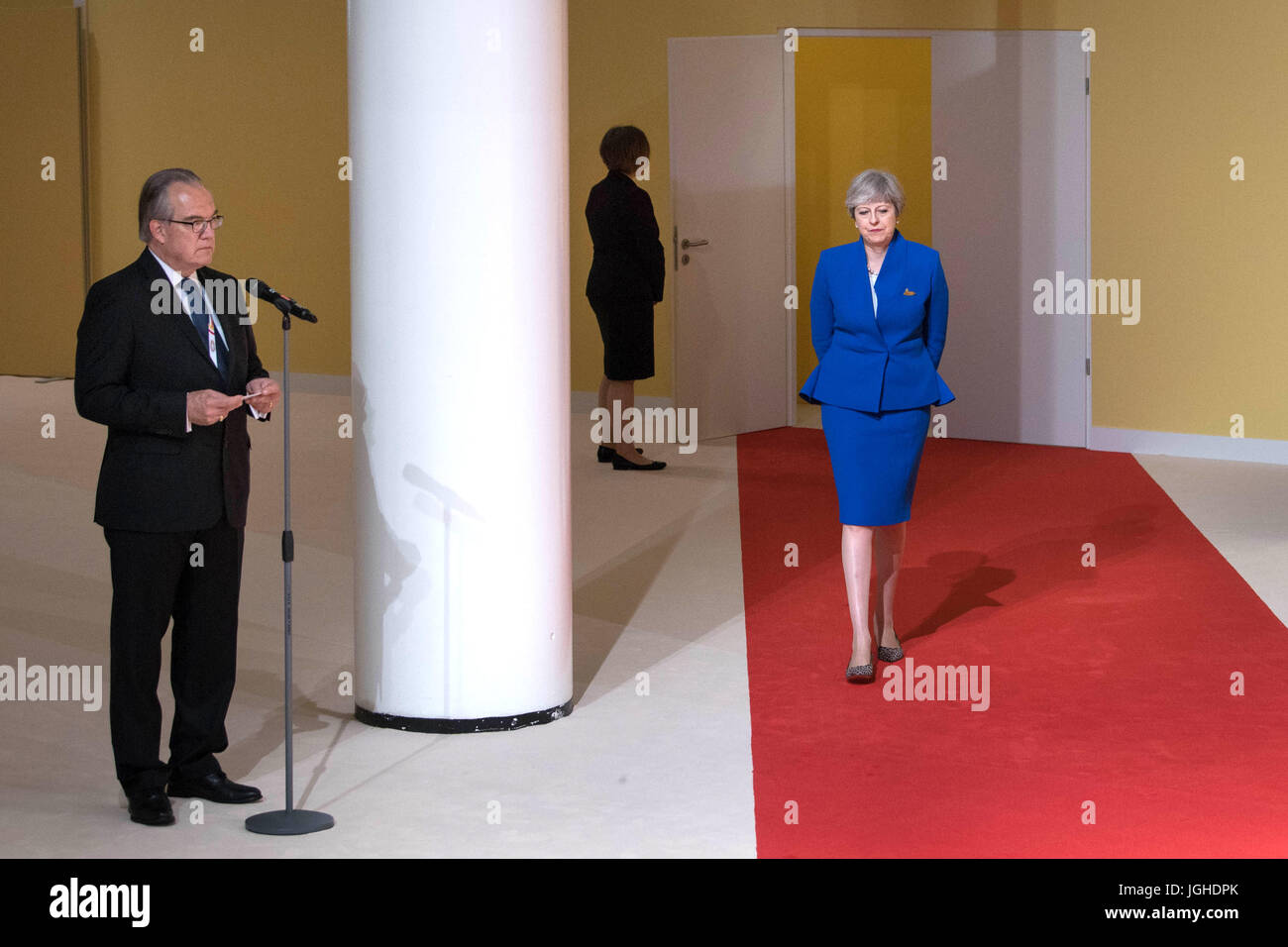 Premierminister Theresa Mai besucht der G20-Gipfel in Hamburg. Stockfoto
