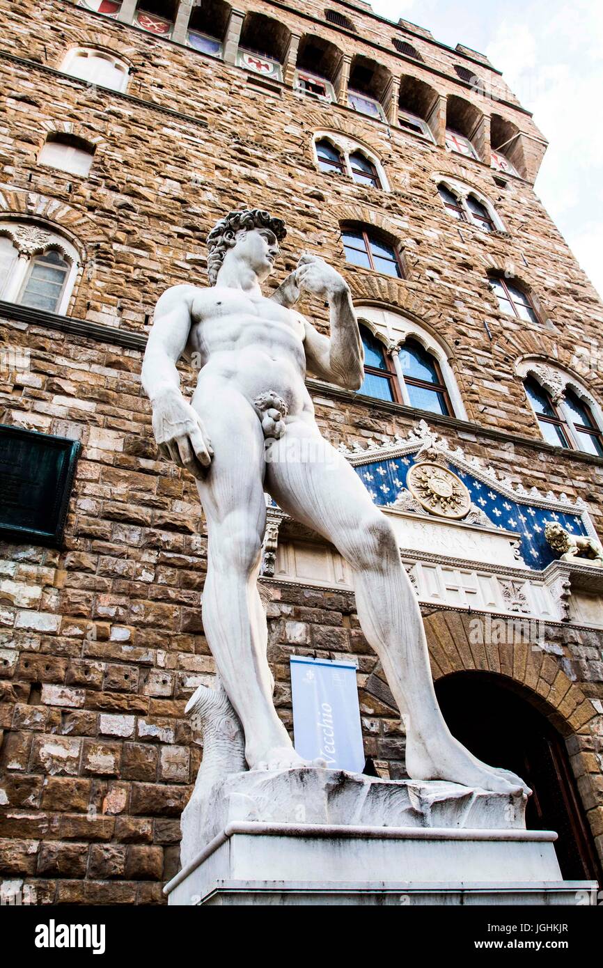 Die Vervielfältigung von Michelangelo's David Statue am Eingang des Palazzo Vecchio, Florenz, Provinz Florenz, Italien 18.12.2012 Stockfoto